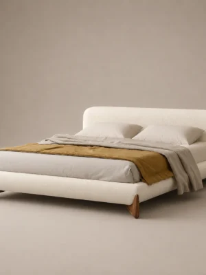 Velo-Walnut-legs-Bed Velo Walnut Legs Bed in beige linen with walnut legs by Marina Living UAE
