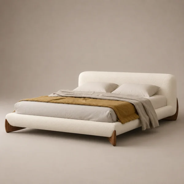 Velo-Walnut-legs-Bed Velo Walnut Legs Bed in beige linen with walnut legs by Marina Living UAE
