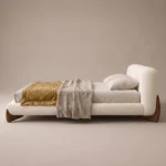 Velo Walnut Legs Bed in beige linen with walnut legs by Marina Living UAE