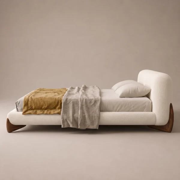 Velo-Walnut-legs-Bed Velo Walnut Legs Bed in beige linen with walnut legs by Marina Living UAE