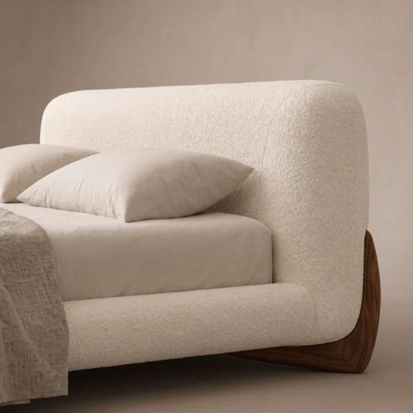 Velo-Walnut-legs-Bed Velo Walnut Legs Bed in beige linen with walnut legs by Marina Living UAE