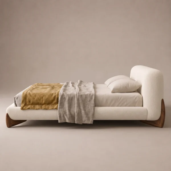 Velo-Walnut-legs-Bed Velo Walnut Legs Bed in beige linen with walnut legs by Marina Living UAE