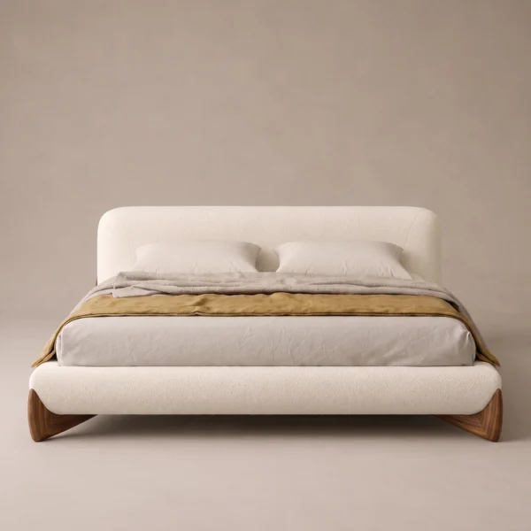 Velo-Walnut-legs-Bed Velo Walnut Legs Bed in beige linen with walnut legs by Marina Living UAE