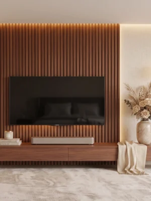 Zioa TV Unit with Wood Slat & Wall Panel Zioa TV unit with wood slat wall panel by Marina Living UAE