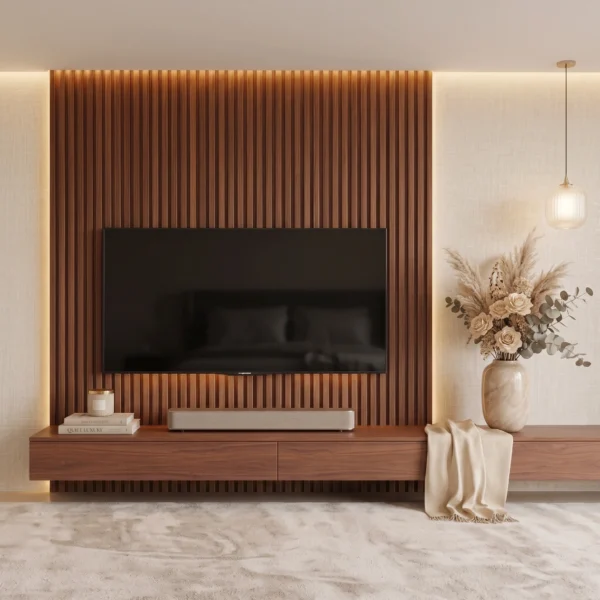 Zioa TV Unit with Wood Slat & Wall Panel Zioa TV unit with wood slat wall panel by Marina Living UAE