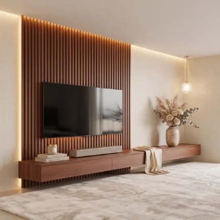 Zioa TV unit with wood slat wall panel by Marina Living UAE