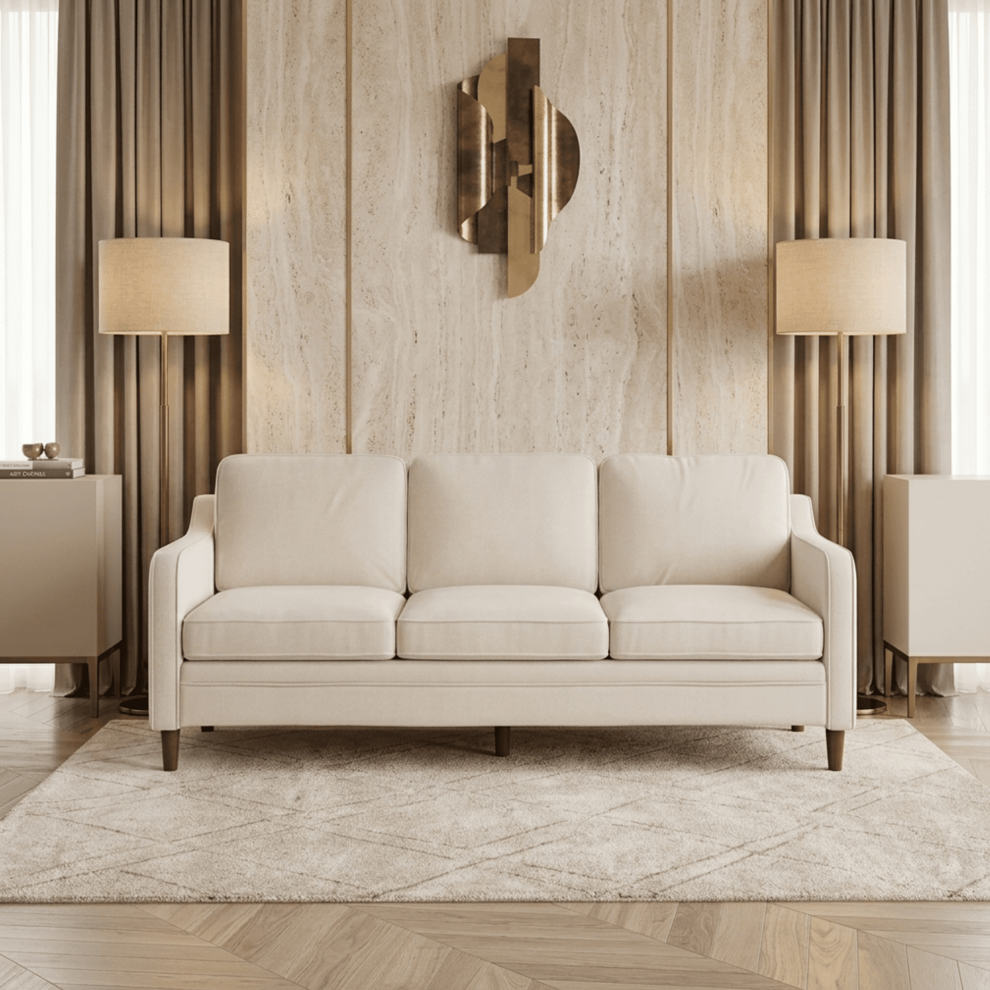 3 Seater Sofa Off White Fabric Couch with Wooden Legs and Modern Armrest for Living Room 215 x 83 x 83 cm (4) Upholstered Living Room Sofa Dubai