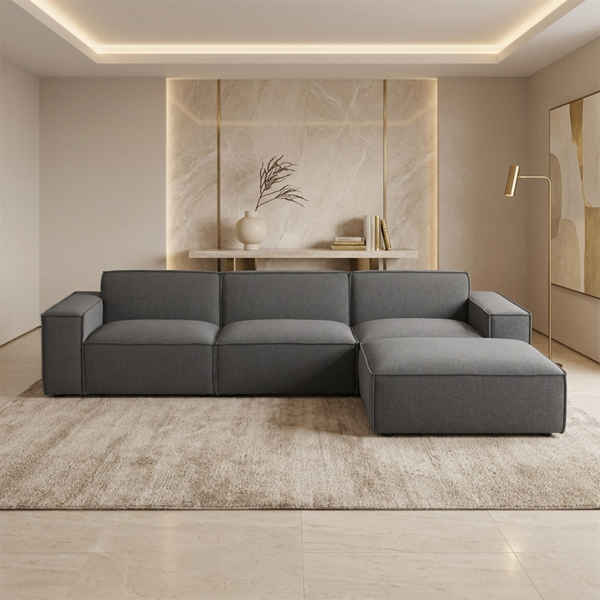 4 Seater L Shape Sofa Grey Fabric Sectional Couch with Right Chaise for Living Room 315 x 192 x 72 cm (1) Velmora Grey Chaise Sectional Sofa Dubai UAE