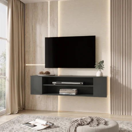 dark wall mounted TV cabinet with open shelves and enclosed storage.