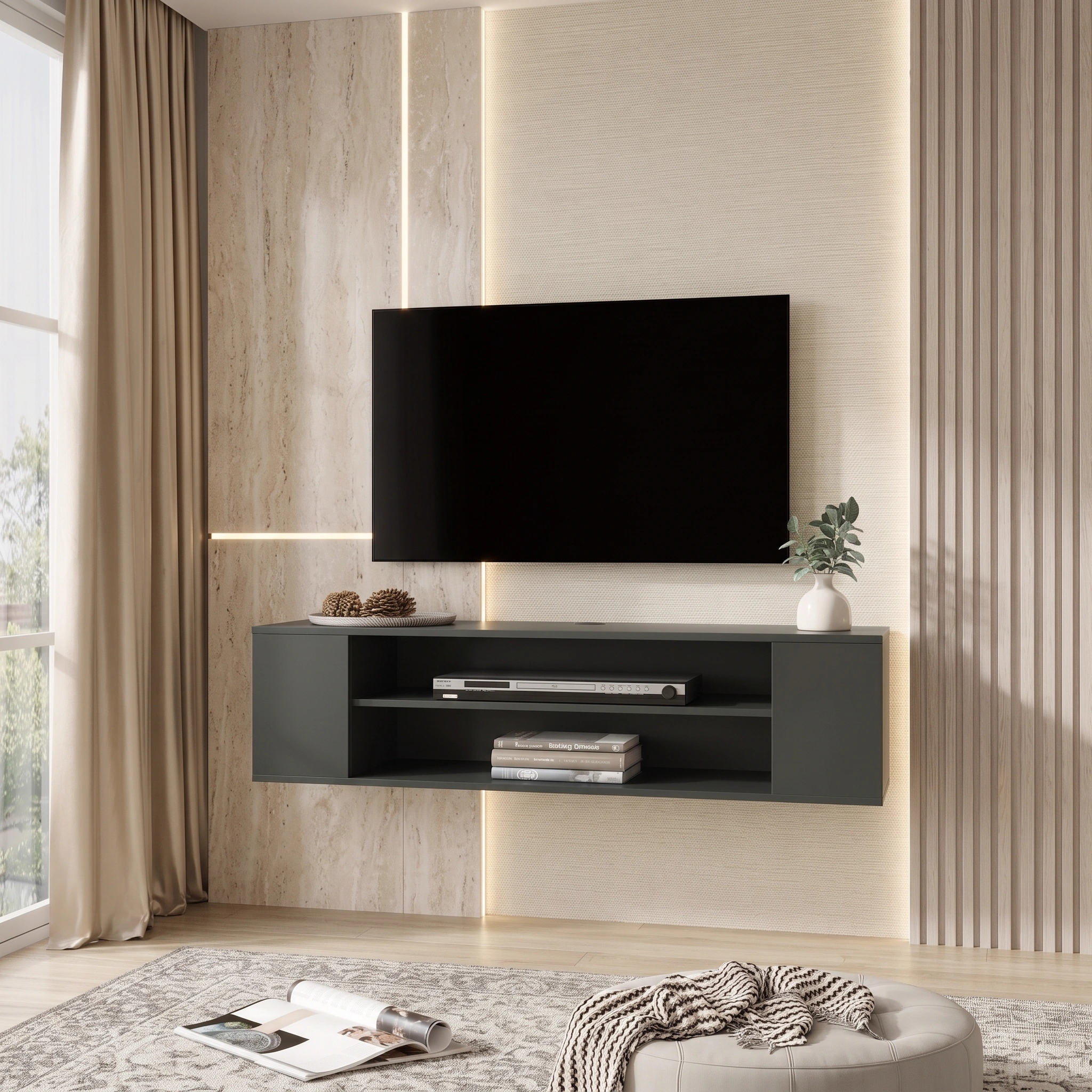 Monaco Shelf Floating TV Console Dubai UAE (2) dark wall mounted TV cabinet with open shelves and enclosed storage.
