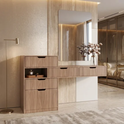 modern makeup vanity Dubai, light oak dressing table UAE