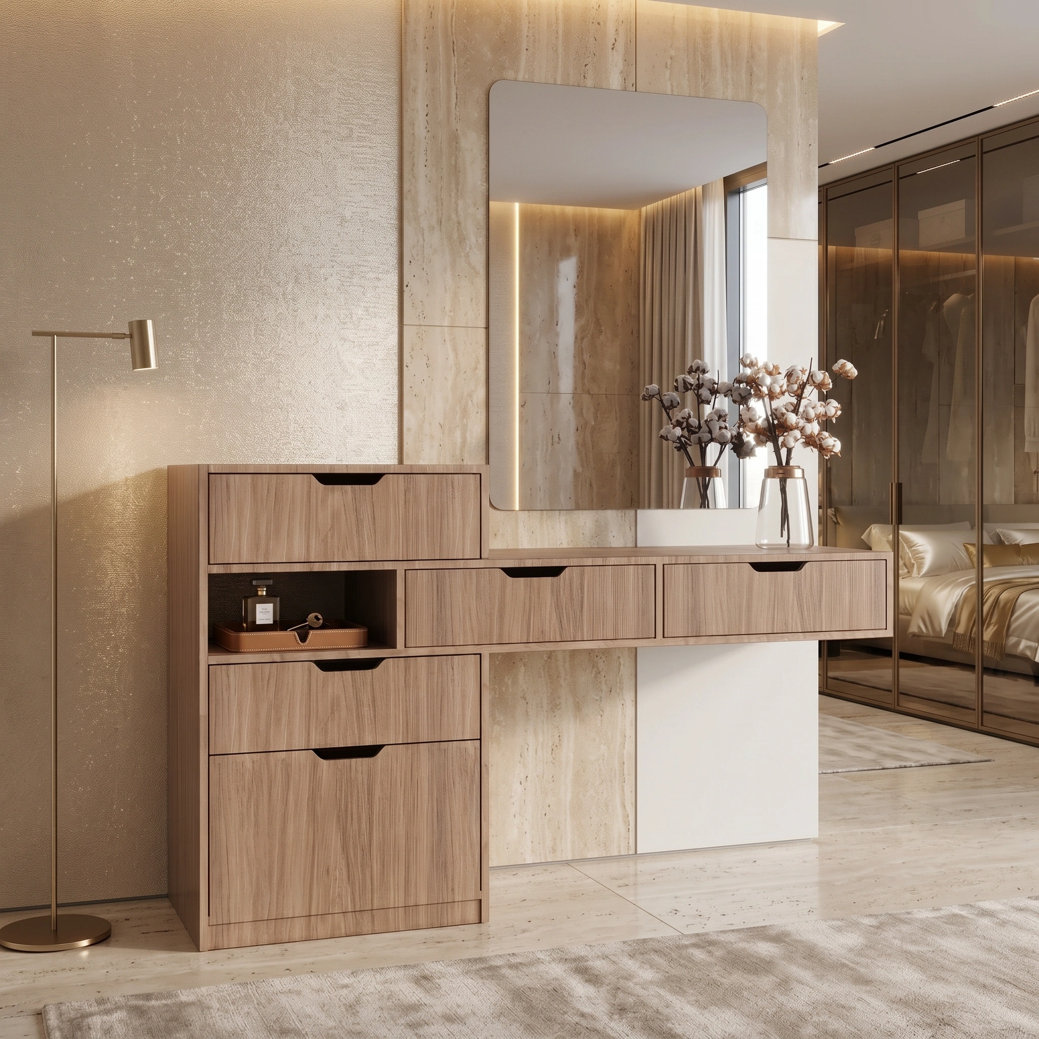 Redesign_dresser_set_background_…_202608220215 modern makeup vanity Dubai, light oak dressing table UAE