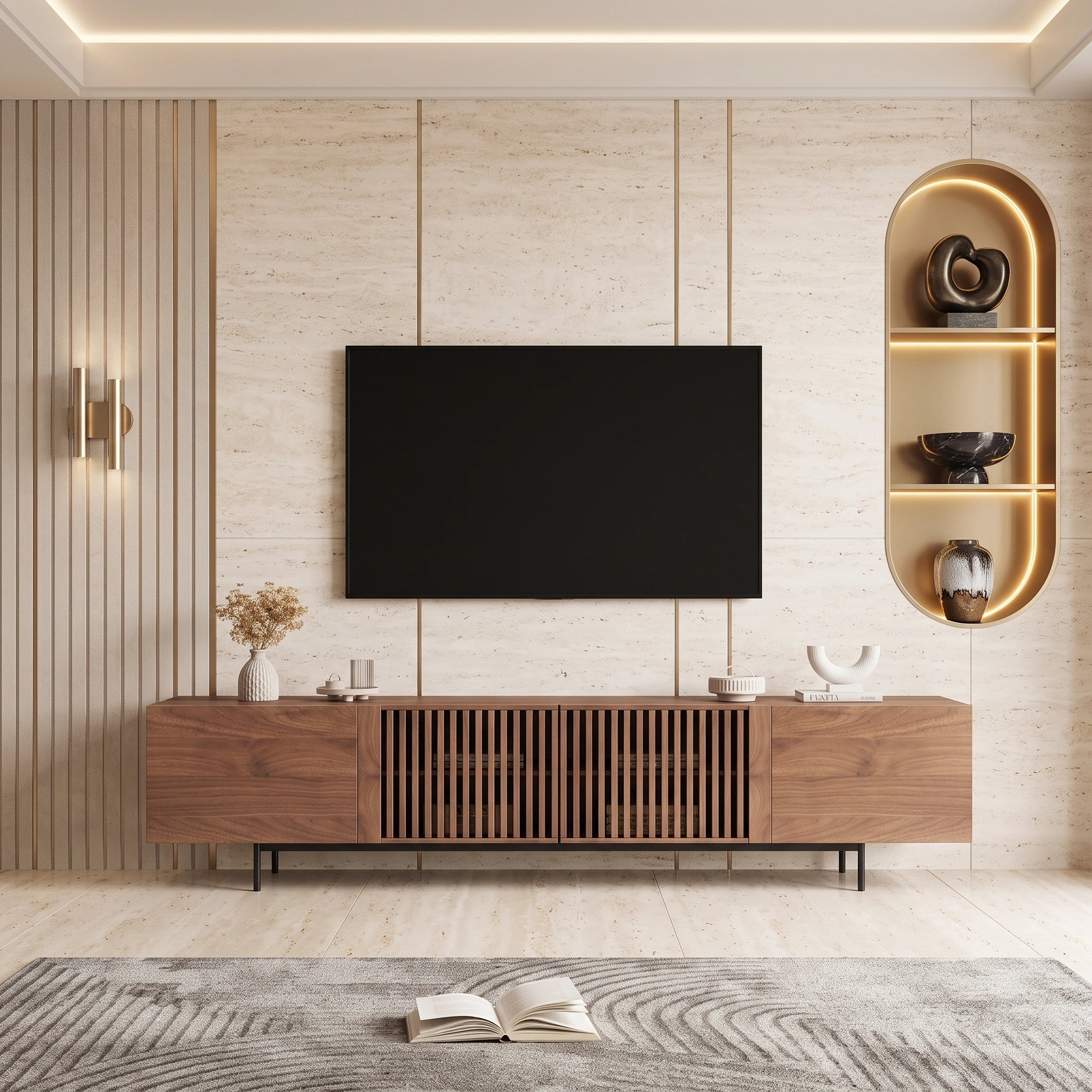TV Console Walnut Wood Finish Lowboard Cabinet with Slatted Doors and Storage for Living Room 200 x 40 x 55 cm (1) TV unit Dubai, TV cabinet UAE