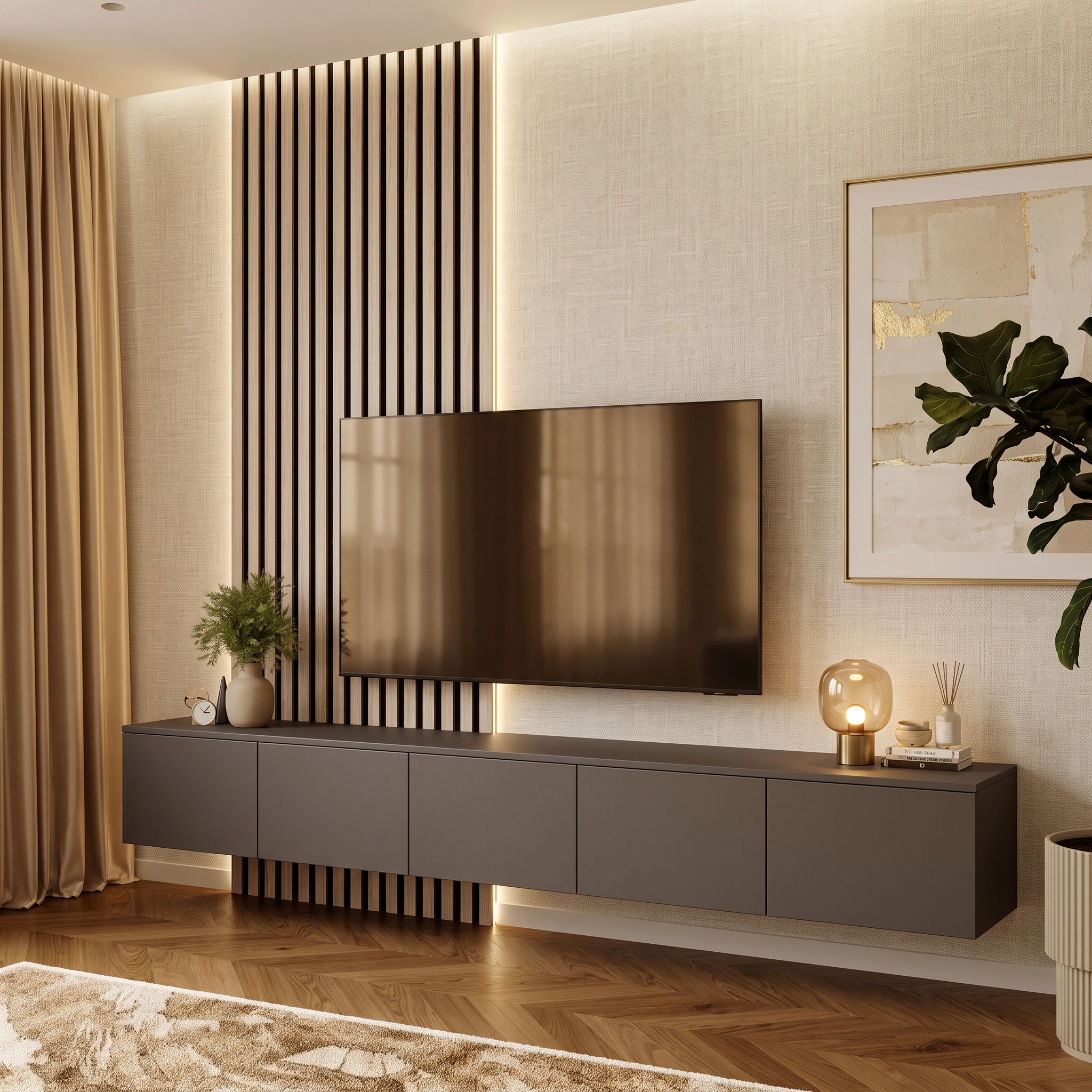 240cm Floating TV Console with Slat Panels Dubai
