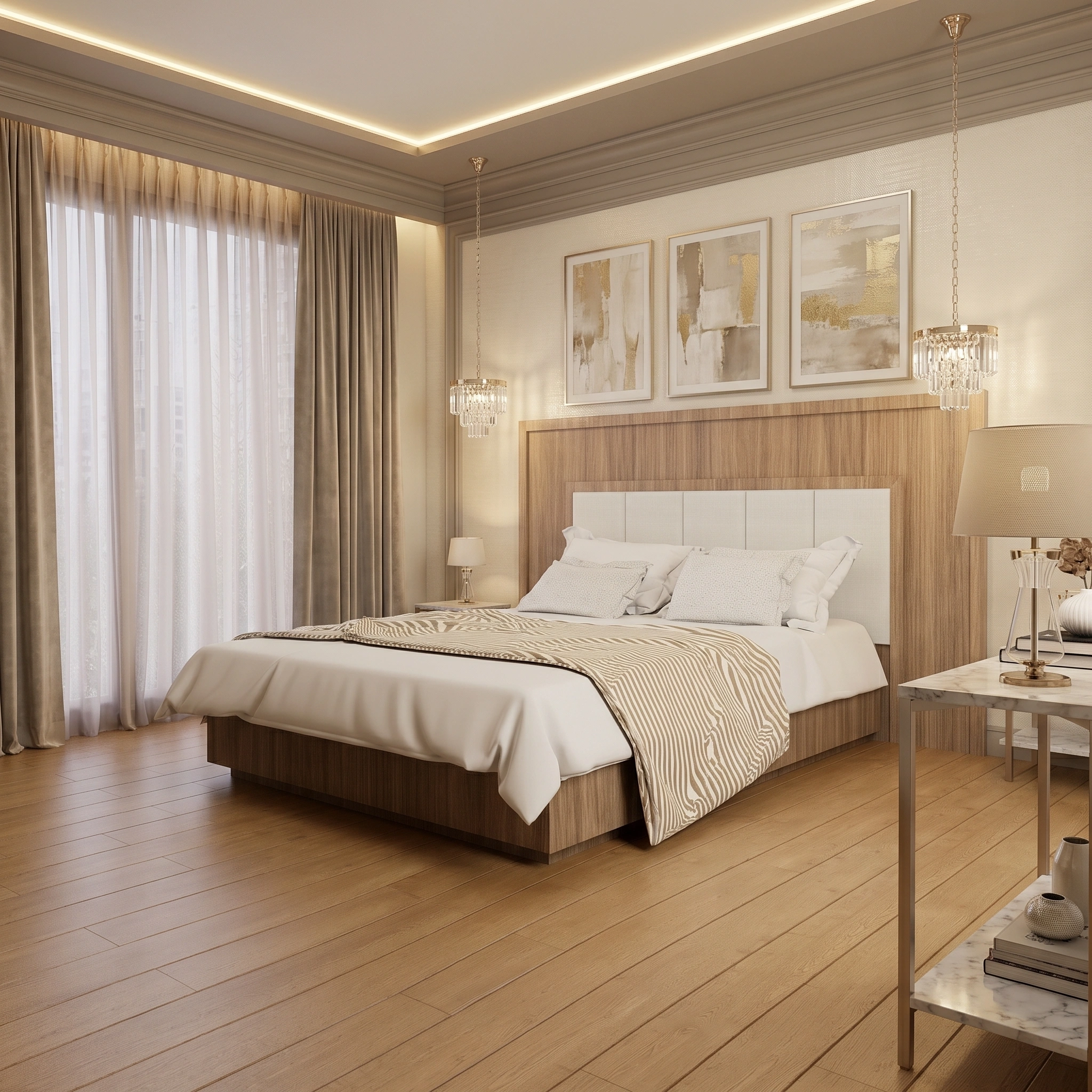 Upholstered Bed Beige Fabric Bed Frame with Oak Wooden Panel Headboard for Bedroom 166 x 206 cm (2) Oakline Extended Headboard Bed Dubai UAE