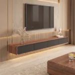 walnut and black wall mounted TV cabinet with concealed storage.