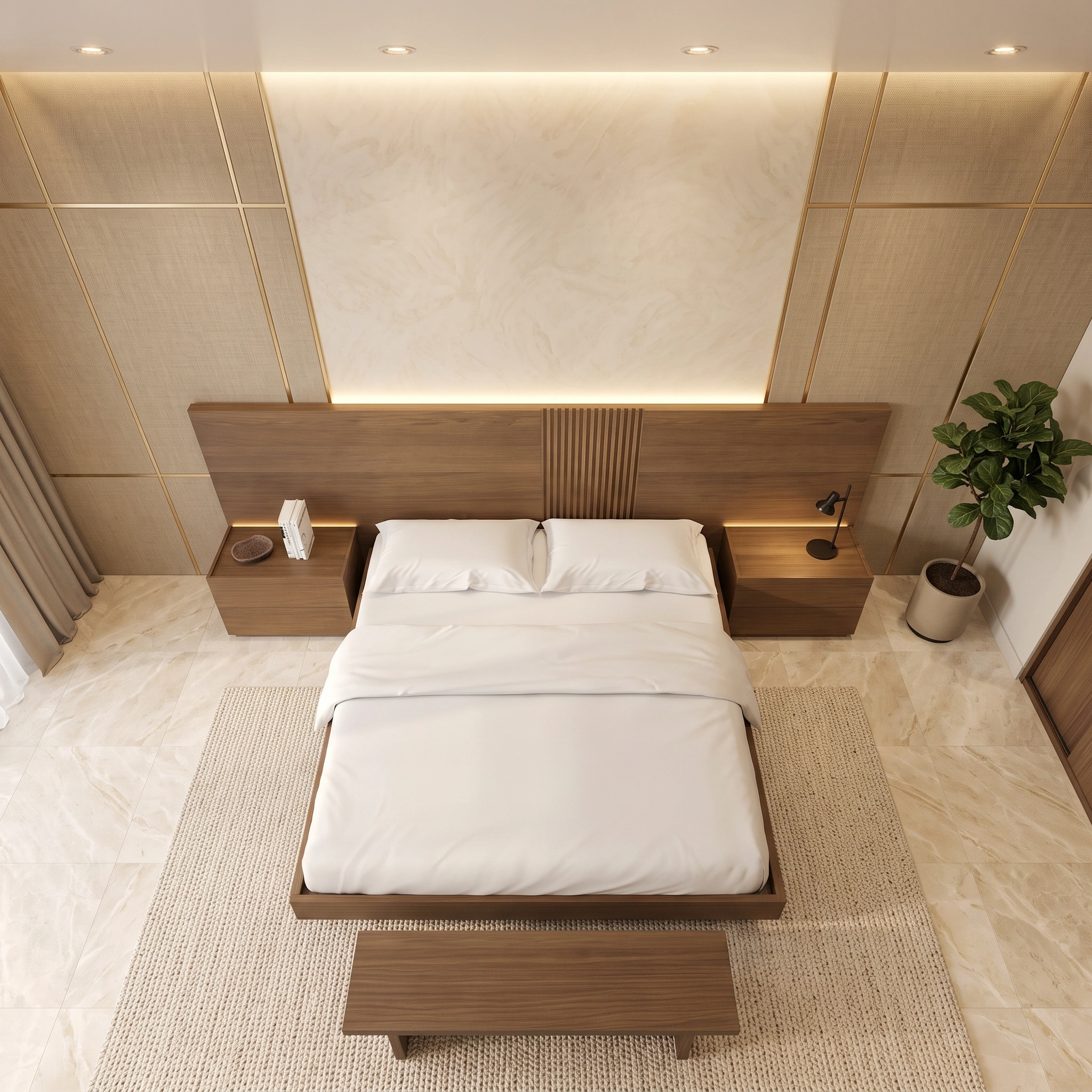 Fluted Wooden Bed with Wide Headboard Dubai